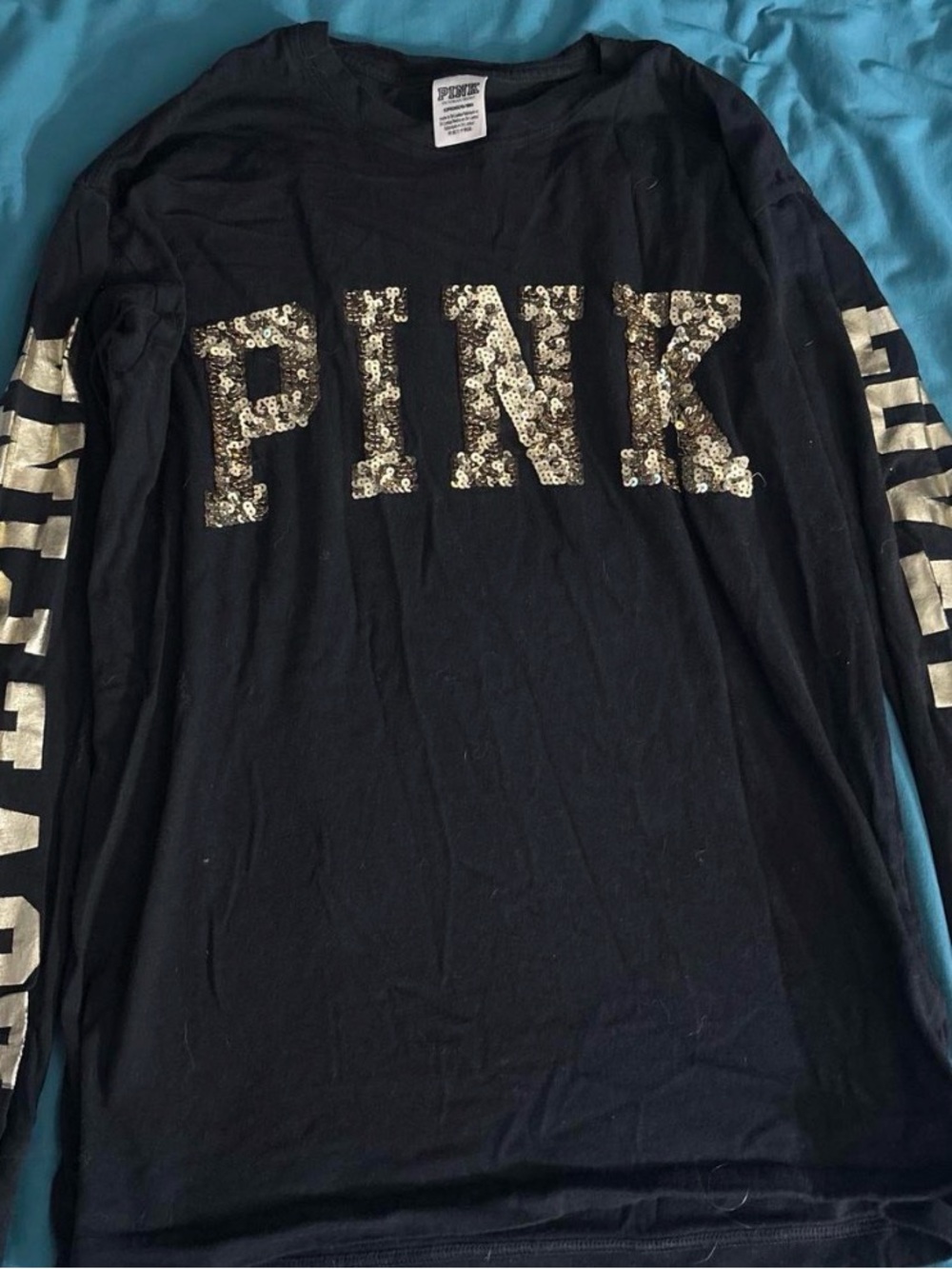 PINK Victoria's Secret Black Long Sleeve Tee with Gold Sequin Logo